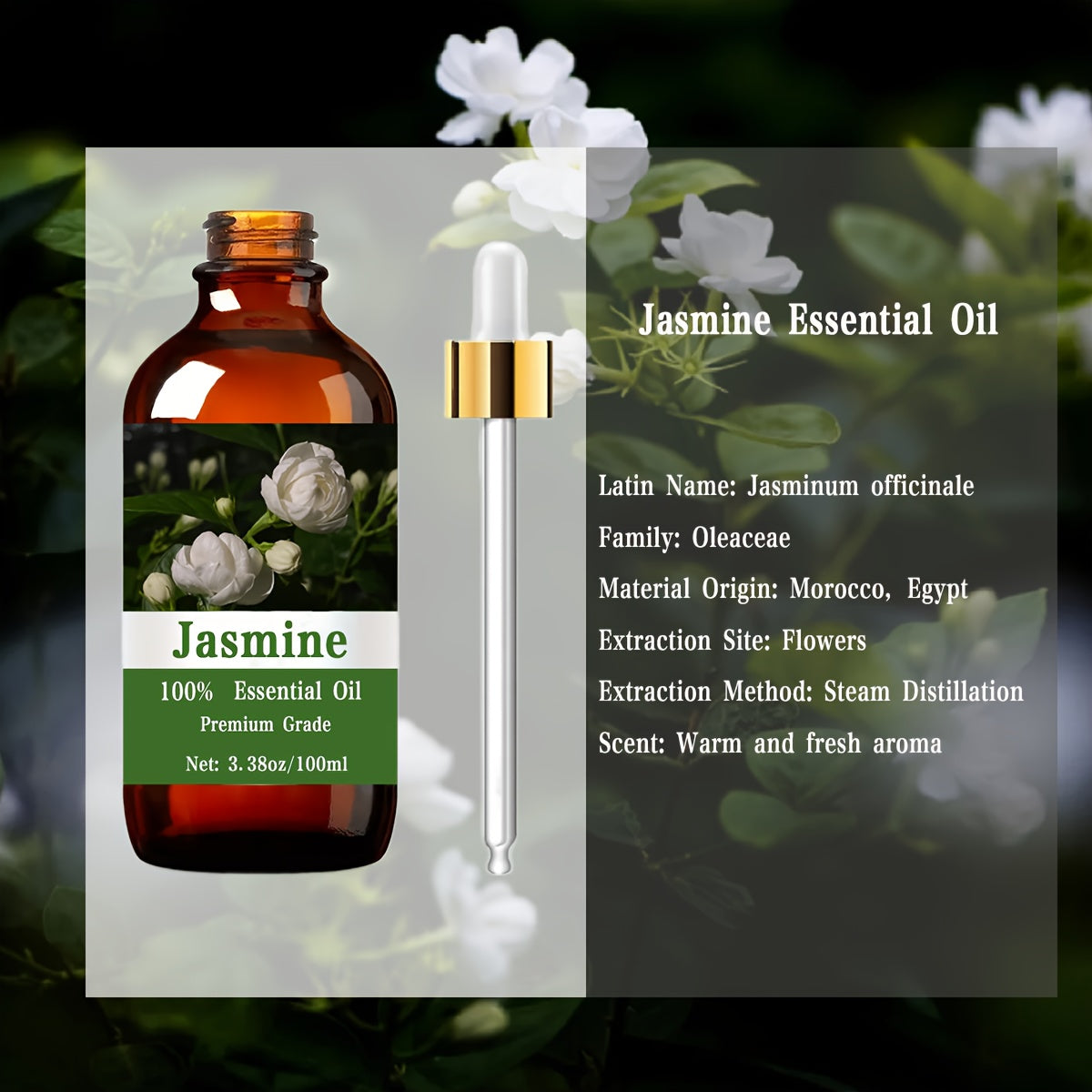 Jasmine Essential Oil, 3.38oz (100ml), & Care Grade For Hair & Skin Care, Massage, Diffusers Humidifier, Moisturizing Massage Essential Oil For Men & Women