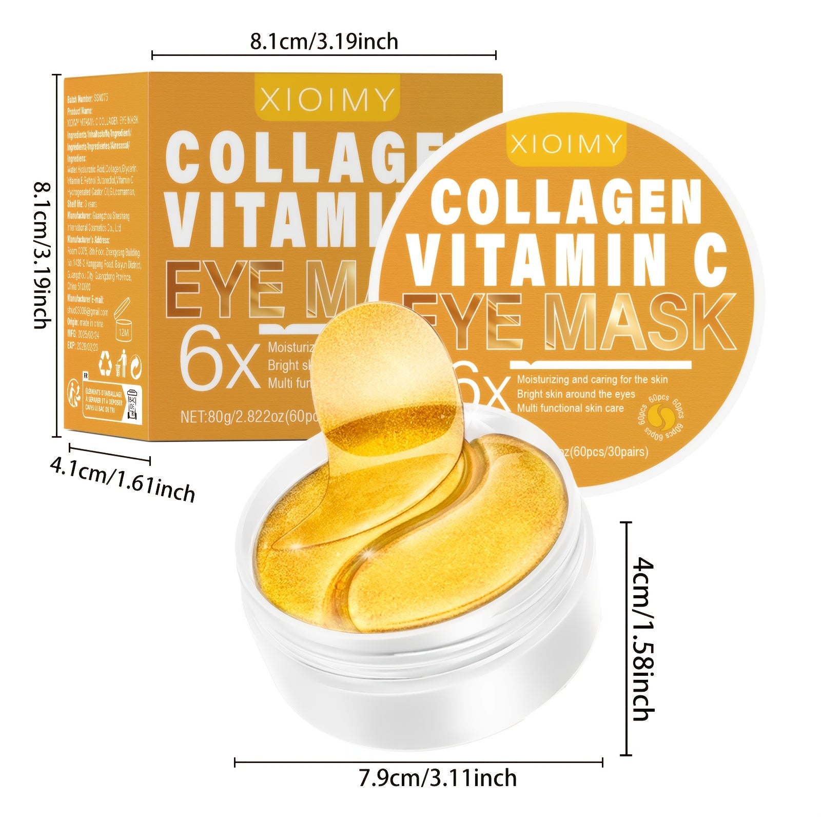 60pcs XIOIMY Collagen & Vitamin C Eye Masks - Hypoallergenic Gel Eye Mask for All Light Beige Types, Brightening & Hydrating Under-Eye Care to Dryness, Dark Circles &, 60 Count, Reduction, Fresh Skincare, Gentle Skincare, Sel