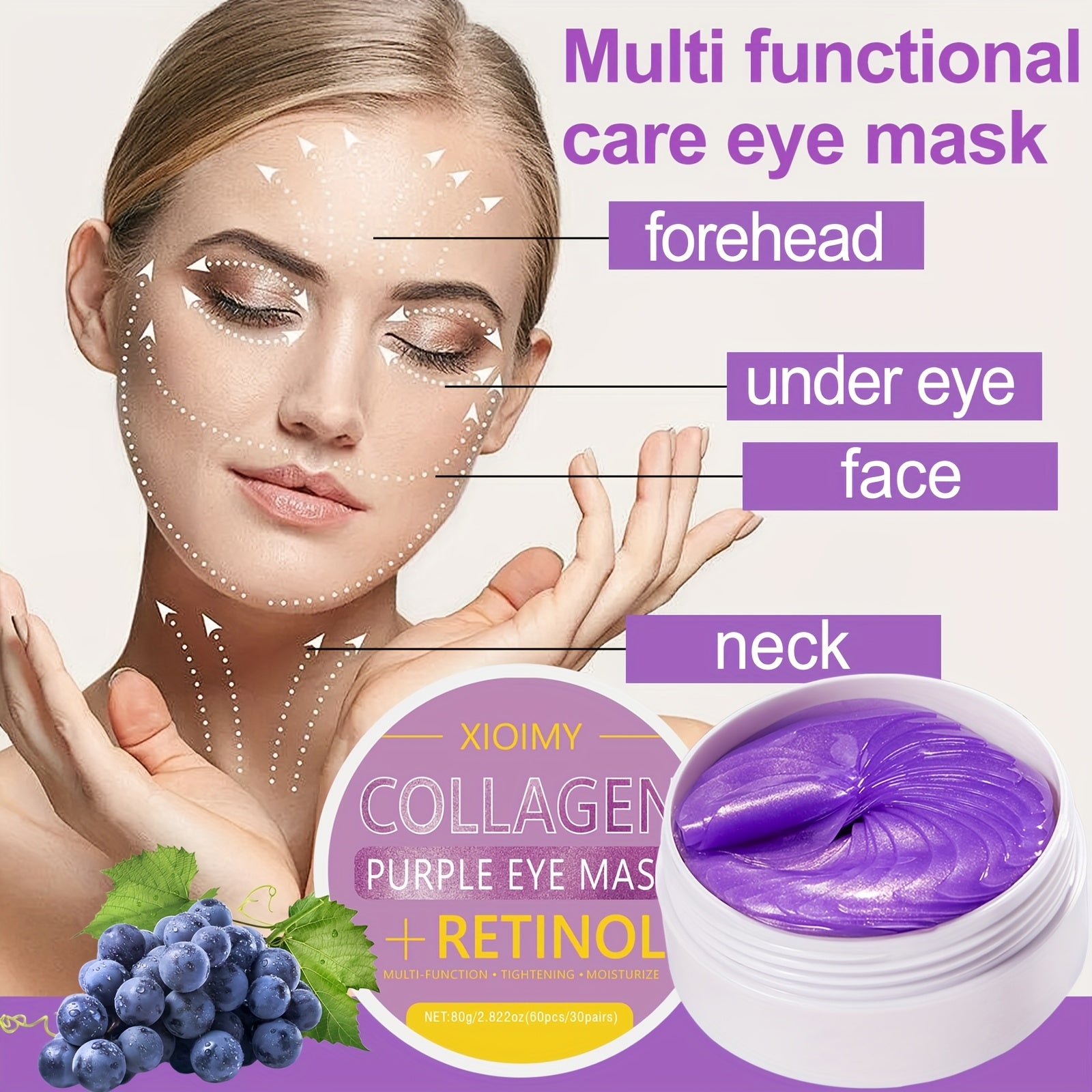 60pcs Xioimy Collagen & Blueberry Hydrogel Eye Masks - Powerfully Moisturizing, Firming & Brightening Eye Care with Collagen Protein & Antioxidant-Rich Blueberry for All Light Beige Types, Alcohol-Free, 24H Hydration, Europea