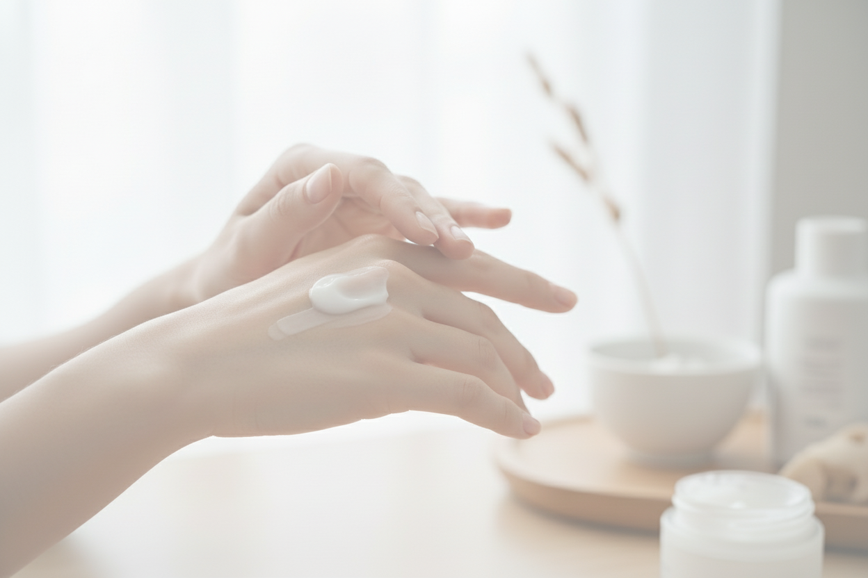 women put cream on her hand