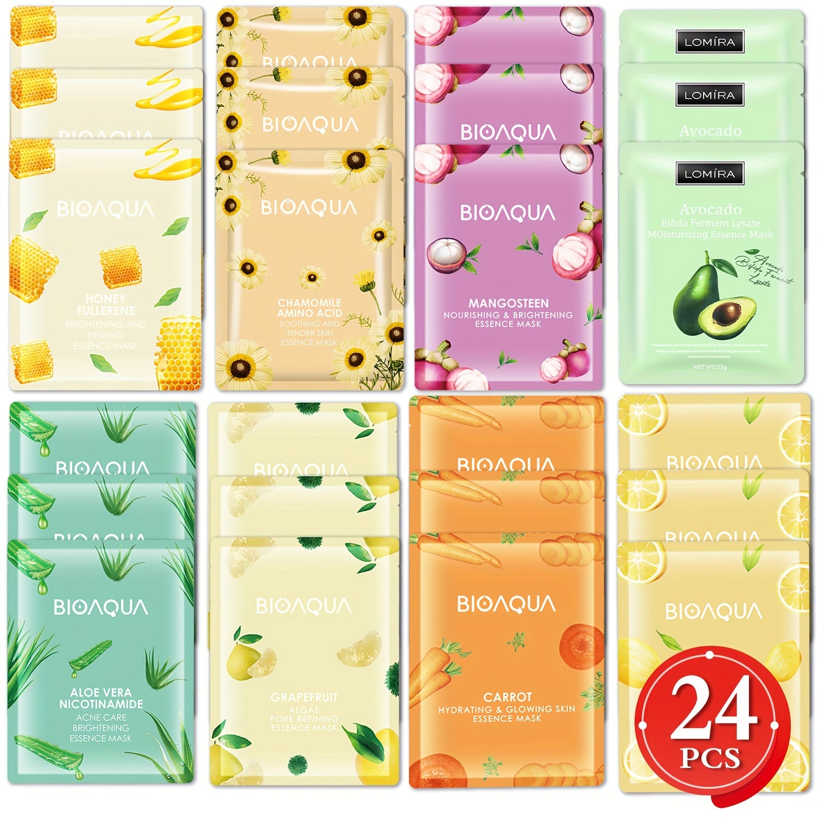 24pcs Assorted Natural Fruit Extract Facial Masks Set, Moisturizing and Soothing, Nourishing Skin Care Sheet Masks, Variety Pack with Mango, Avocado, Carrot, Vitamin C, Hydration Formula, 25ml Serum Per Mask