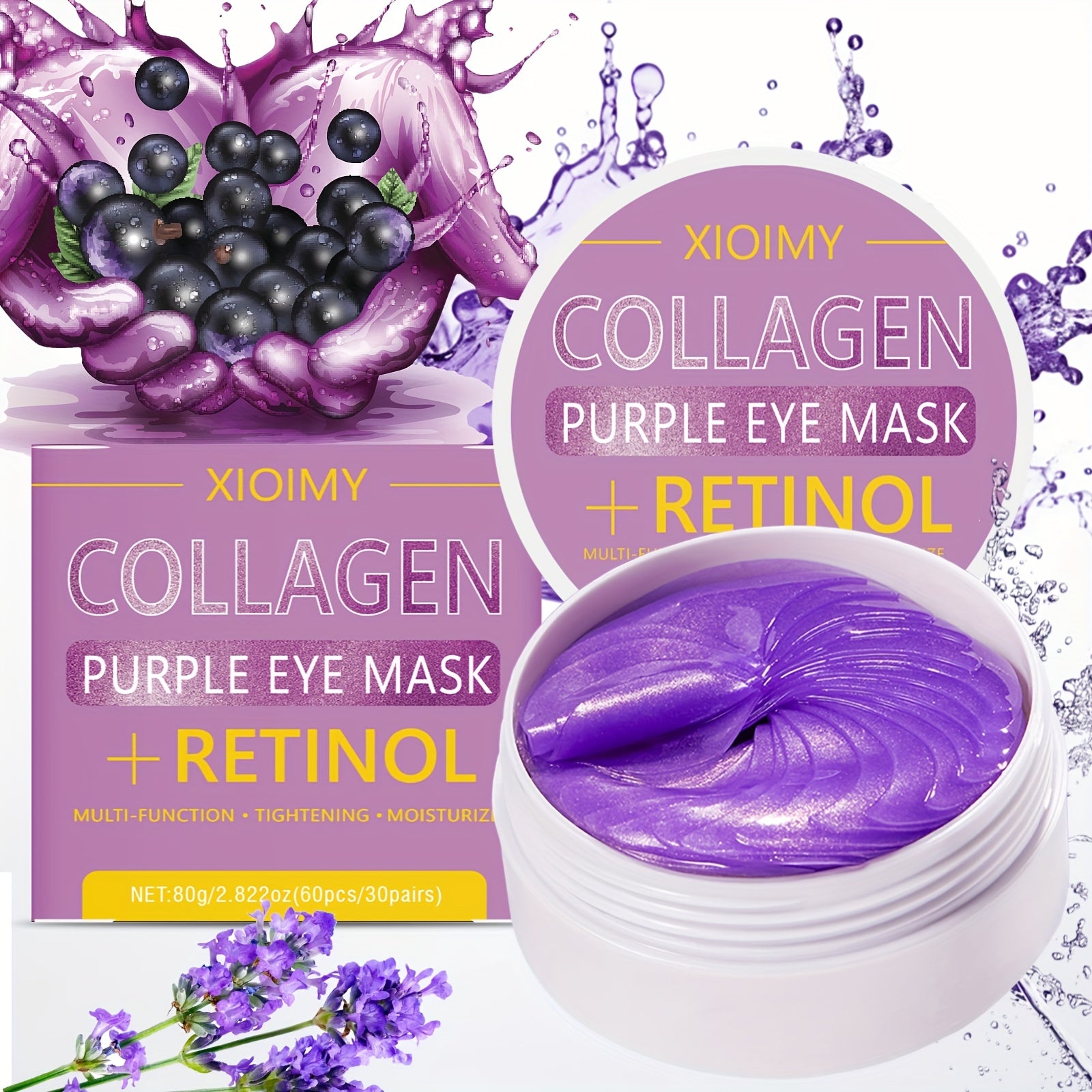 60pcs Xioimy Collagen & Blueberry Hydrogel Eye Masks - Powerfully Moisturizing, Firming & Brightening Eye Care with Collagen Protein & Antioxidant-Rich Blueberry for All Light Beige Types, Alcohol-Free, 24H Hydration, Europea