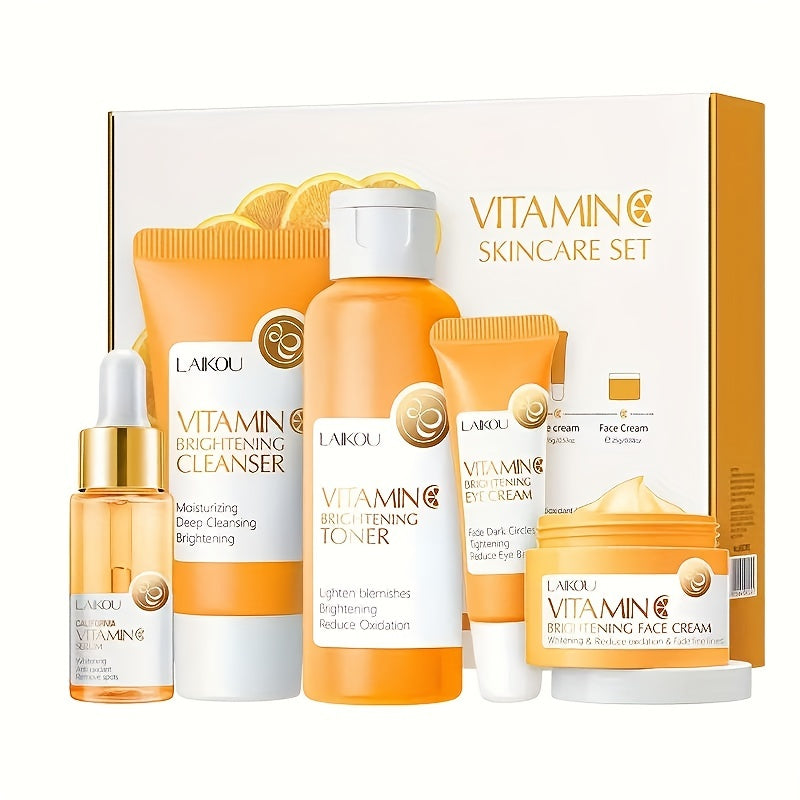 LAIKOU Vitamin C Series Skin Care Products Set 5 Piece Cleansing Skin Water Serum Eye Cream Essence Cream For Men And Women Daily Skin Care Gifts
