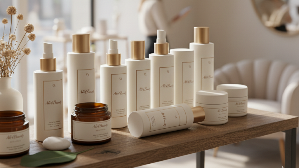 Cosmetic products on a wooden table with a blurred background of a room.