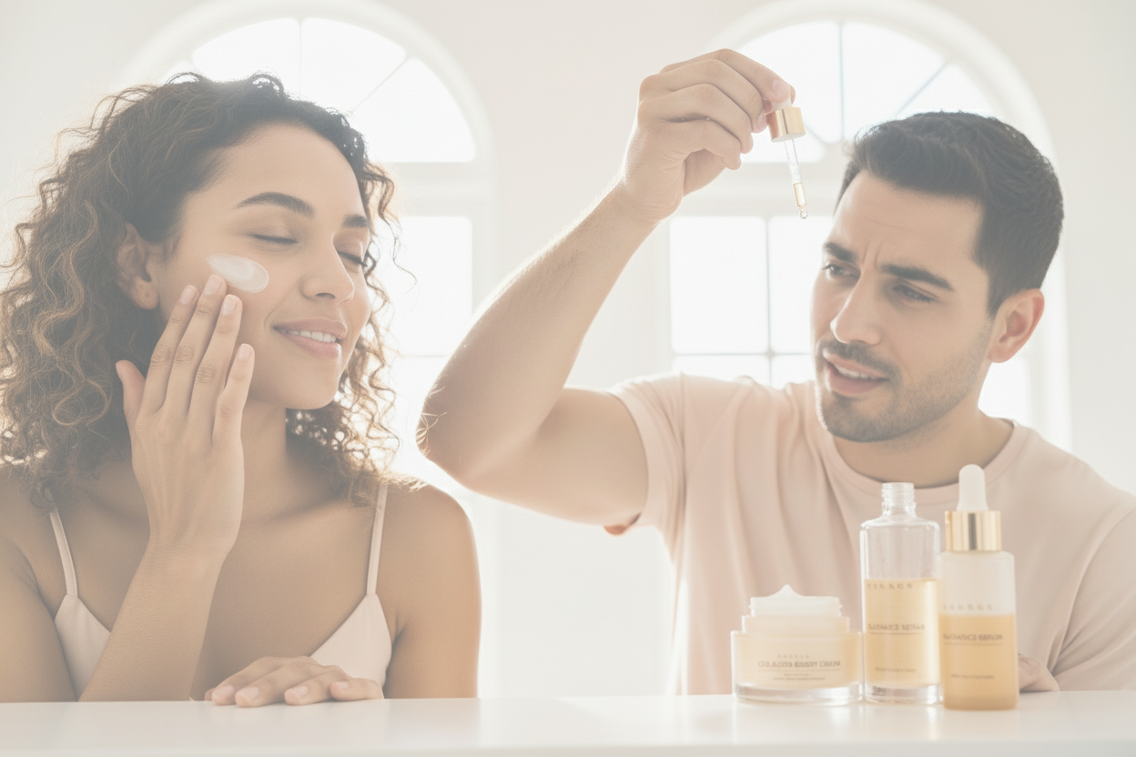 women and man puting Collagen on there faces